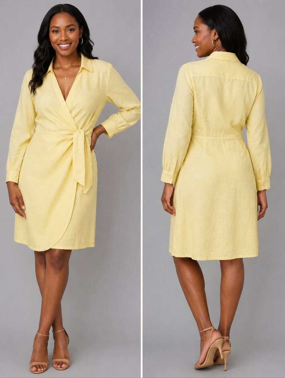 Light Yellow Linen Button-Front Shirt Dress